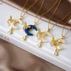 Stainless Steel Chain Sweet Shiny Zircon Butterfly Resin Moon Pendant Necklace for Women Lady Fashion Jewelry Accessories Gifts