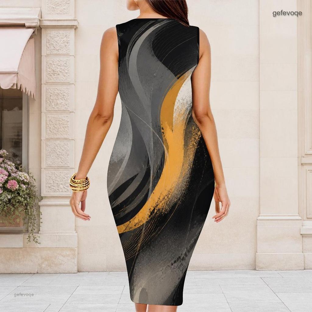 Women Plus Size Round Neck Sleeveless Gradient Printed Bodycon Midi Dress