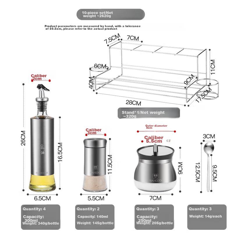 Maxcook Glass Oil Dispenser And Seasoning Box Set, Oil Bottle Salt Shaker Spice Rack Seasoning Bottles Spice Jars, 10-Piece Set MCCU0522