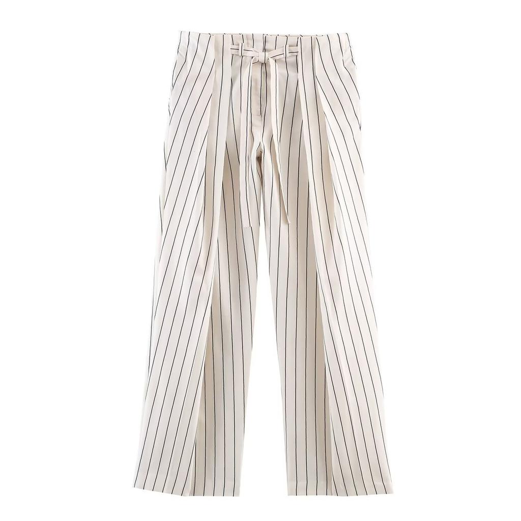 European and American Style, New Women's Clothing, Foreign Style, Striped Fluffy Sleeve Shirt, Striped Pleated Pants.
