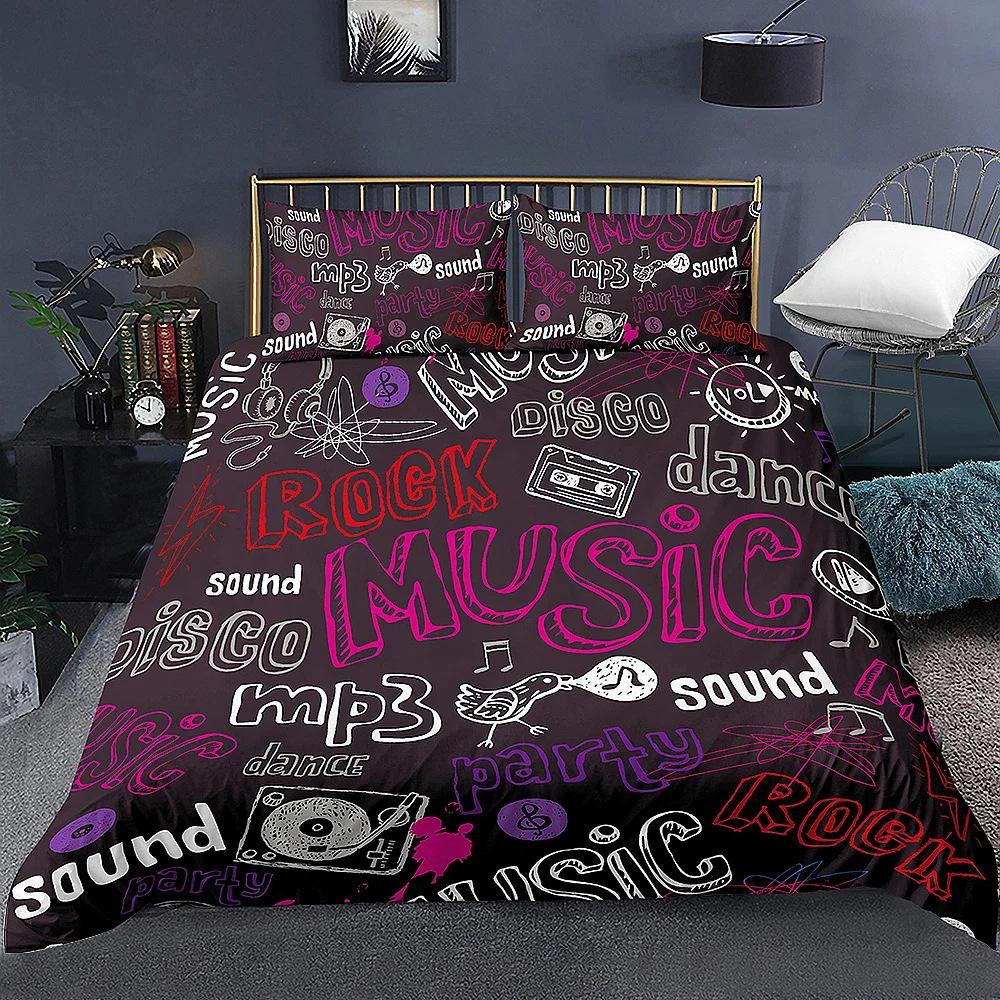 3D Digital Printing Music Theme Duvet Cover Set Piano Note Pattern Quilt Cover Pillowcase Music Lover Bedroom Decorative Bedding 3pcs