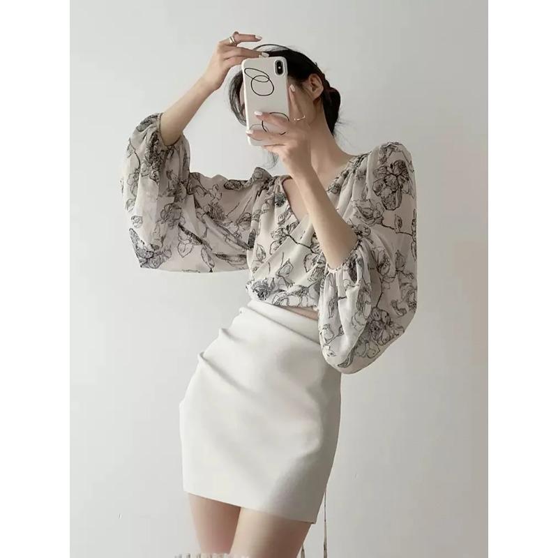 Womens Floral Print V Neck Lantern Sleeve Chiffon Blouse L