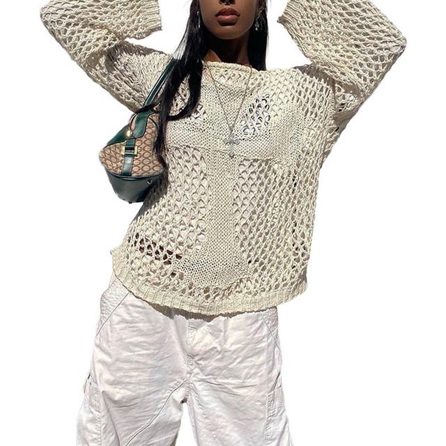 Женский укороченный топ Y2K, винтажный свободный рваный вязаный крючком пуловер, женский повседневный сказочный шикарный укороченный трикотаж M