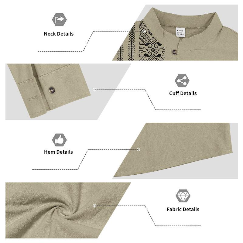Men Linen Blend Long Sleeve Shirt, Mandarin Collar Ethnic Geometric Print Half Button Henley Shirts Casual Beach Bohemian Tops For Men Multiple Colors