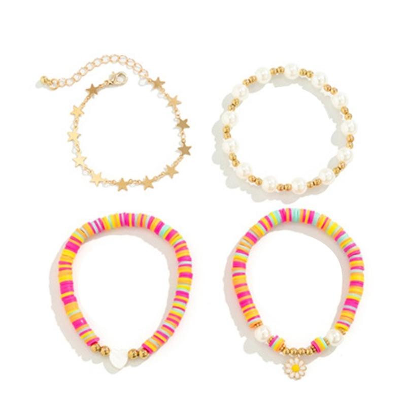 Daisy Pendant Bracelet Set with Faux Pearls Colorful Beaded Handchain Accessory Stackable Wristchain for Women Girls
