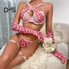 1 Set Damen-Unterwäscheset inklusive Handschuhen und Oberschenkelringen, Kettendekor, Herzdruck, G-String, ausgehöhlt, verstellbarer Kreuzgurt, Schlafzimmer, Hochzeitsnacht