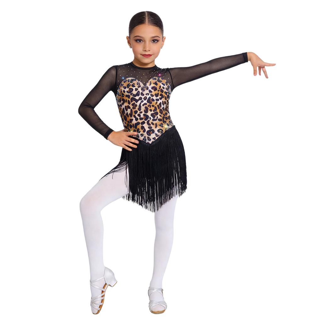 Children’s Latin Dance Competition Dress Leopard Print Fringe Long Sleeve Keyhole Back Mesh Patchwork Sparkling Rhinestone Tassel