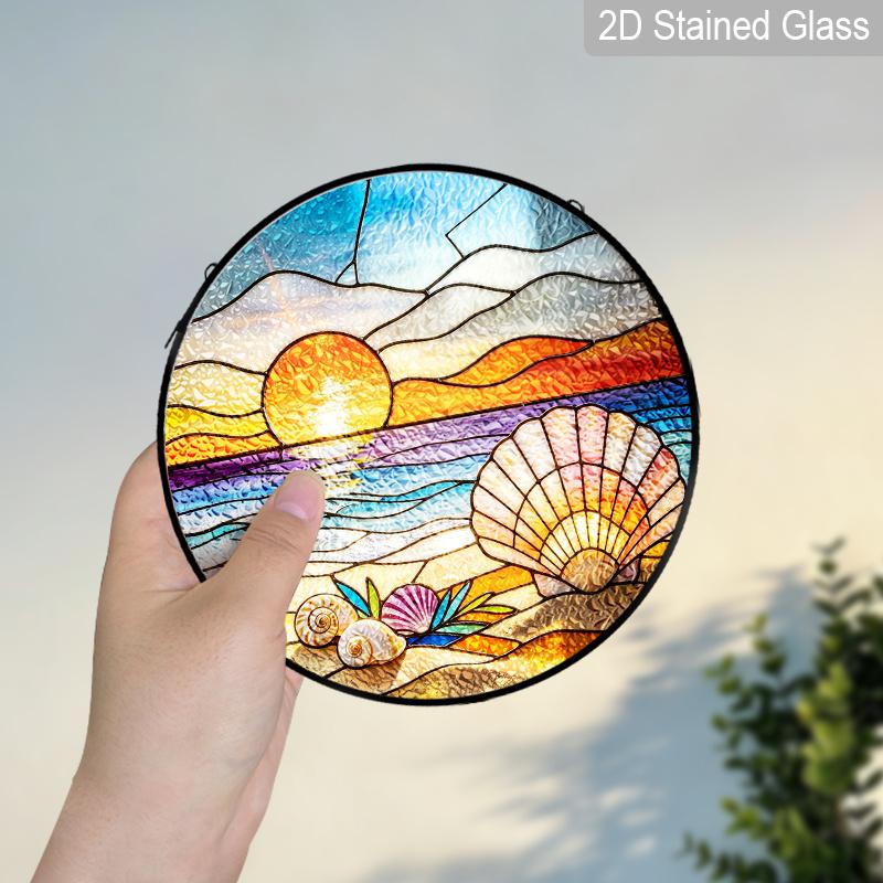2D Flat Stained Glass Beach Shells Window Decoration Colored Glass Plate, 7.87inches Ocean Theme Hanging Sun Catcher with Chain, Summer Home