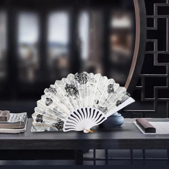Plastic Folding Fan Chinese Style Retro Flower Plain Painting Soft Faux Silk Decorative Handheld Wedding Party Elegant Ladies Craft Cloth Fan Women
