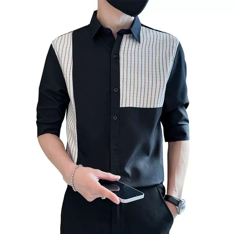Spring and Autumn Korean Edition Trendy Polo Collar Stripe Block Color Light Mature Style Design Sense Three Quarter Shirt