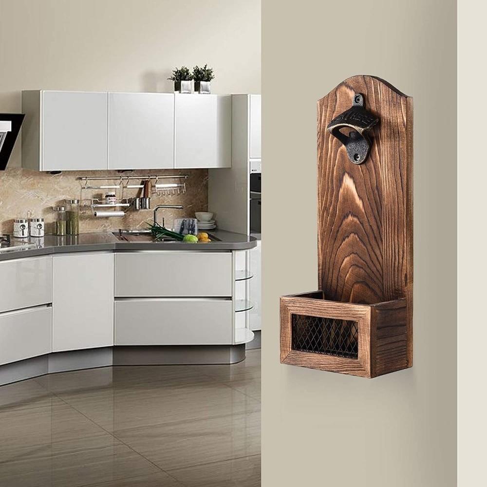Ouvre-bouteille mural en bois Vintage avec collecteur de capsules Ouvre-bouteille en bois Ouvreur 2-en-1 Collecteur Ouvre-bouteille de bière Cadeau idéal