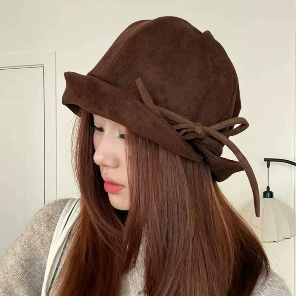 Bucket hat women's solid color versatile trendy face covering hat bow autumn and winter thin sunshade sunscreen basin hat