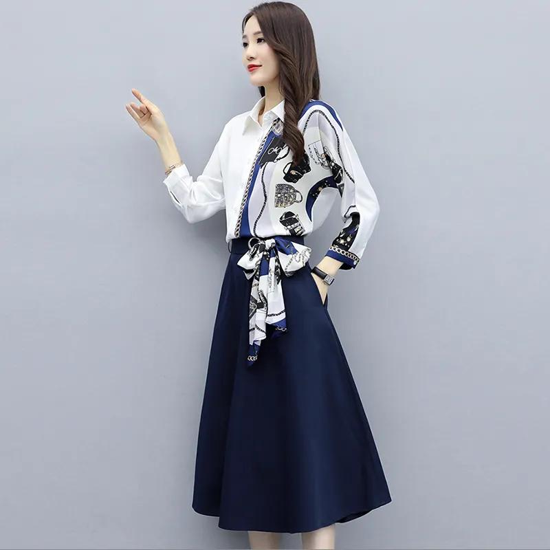Women's Spring and Fall Temperament and Elegant Suit Long-sleeved Shirt + Ageing Dress Two-piece Suit