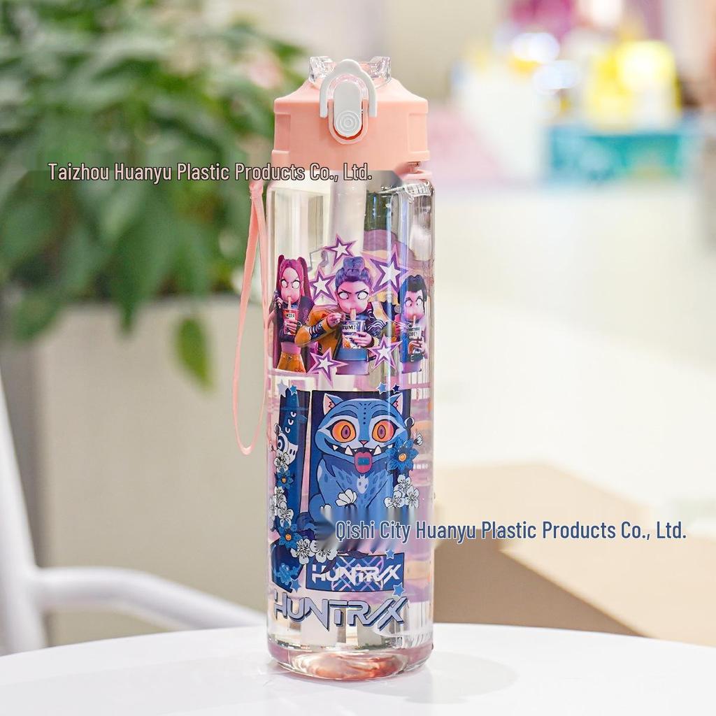 K-POP Demon Hunter Girl Cute Straw Water Bottle, Medium Size, Pop-up Sports Cup with Handle for Students.