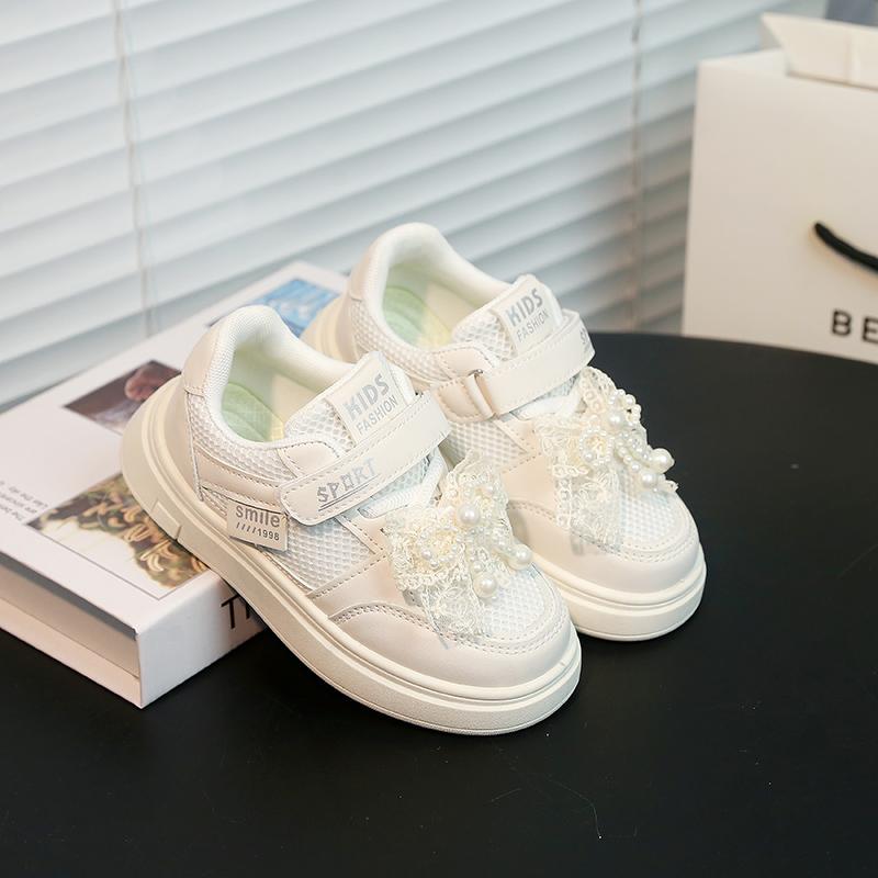 Girls Sports Shoes Princess Style Mesh Lace Bows Kids Casual Shoes Breathable 2025 New Children Running Shoes Non-slip Soft