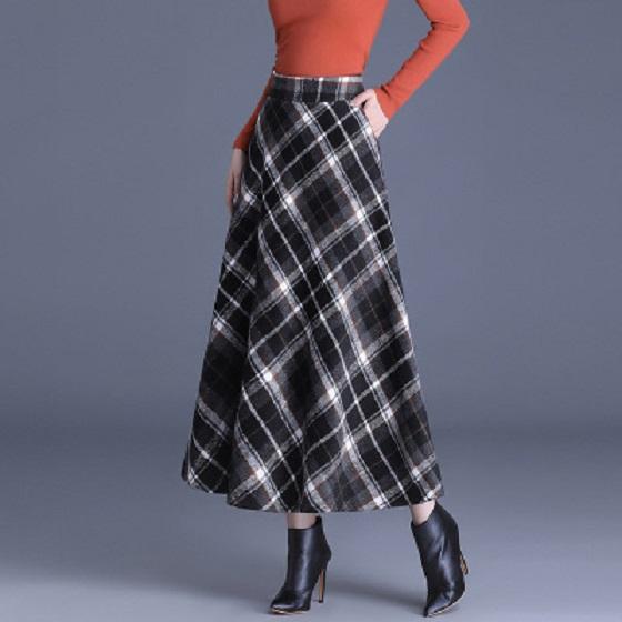 Skirt for Women Plaid Casual Elastic High Waist Long Loose Thickened Stretchy Slim Skirt