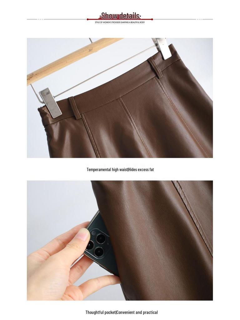 Women's High Waist Lambskin A-Line Midi Skirt - Autumn/Winter 2025 Trendy Leather Umbrella Skirt