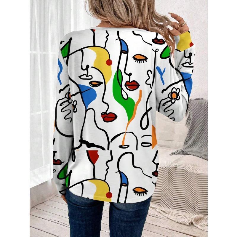 EMERY ROSE Dam Casual T-shirt med Porträtttryck, Lös Passform, Rund Hals, Lång Ärm, Lämplig för Höst/Vinter