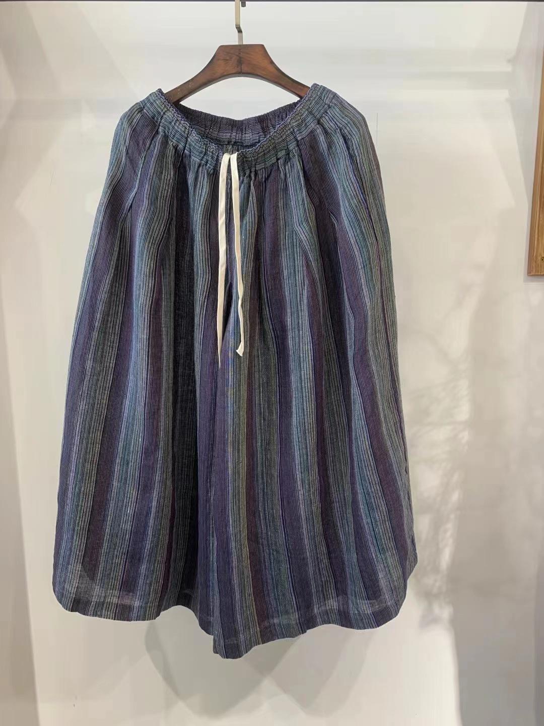 

Johnature Retro Color-blocked Striped Pants Women Summer Loose Versatile Elastic Waist Tie Waist Wide-leg Pants One Size синий