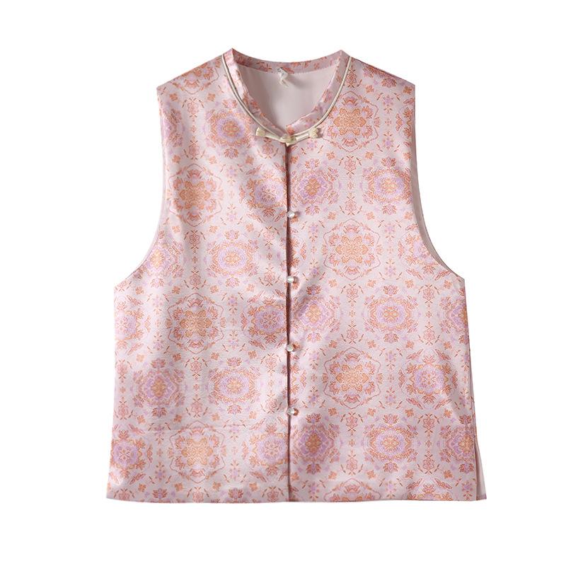 

Женский жилет из жаккарда-броката в стиле ретро с дисковой застежкой, без рукавов, новый жилет на начало весны XXXL [Recommended 138-75kg] розовый