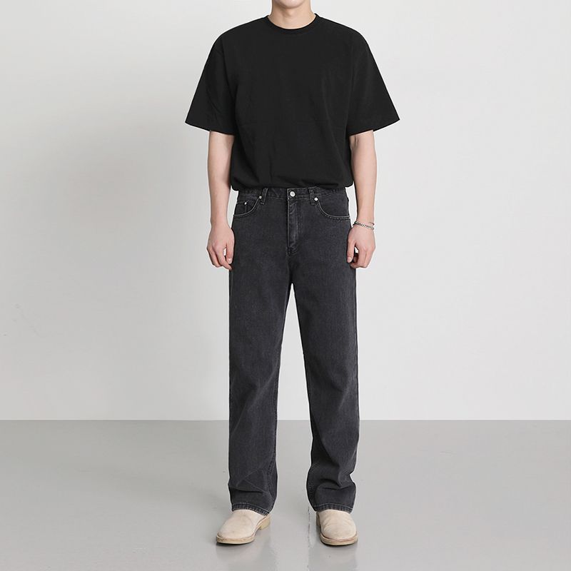 Jeans men's spring Korean version loose trend high street washed old solid color straight wide-leg trousers