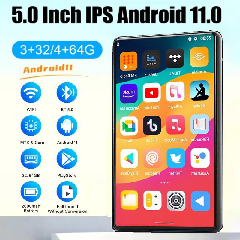Mini WiFi MP4 Player Android 11 5.0" IPS Touchscreen 1080P Video Bluetooth MP3 Player Unterstützt Spotify/Pandora/Tidal/Deezer