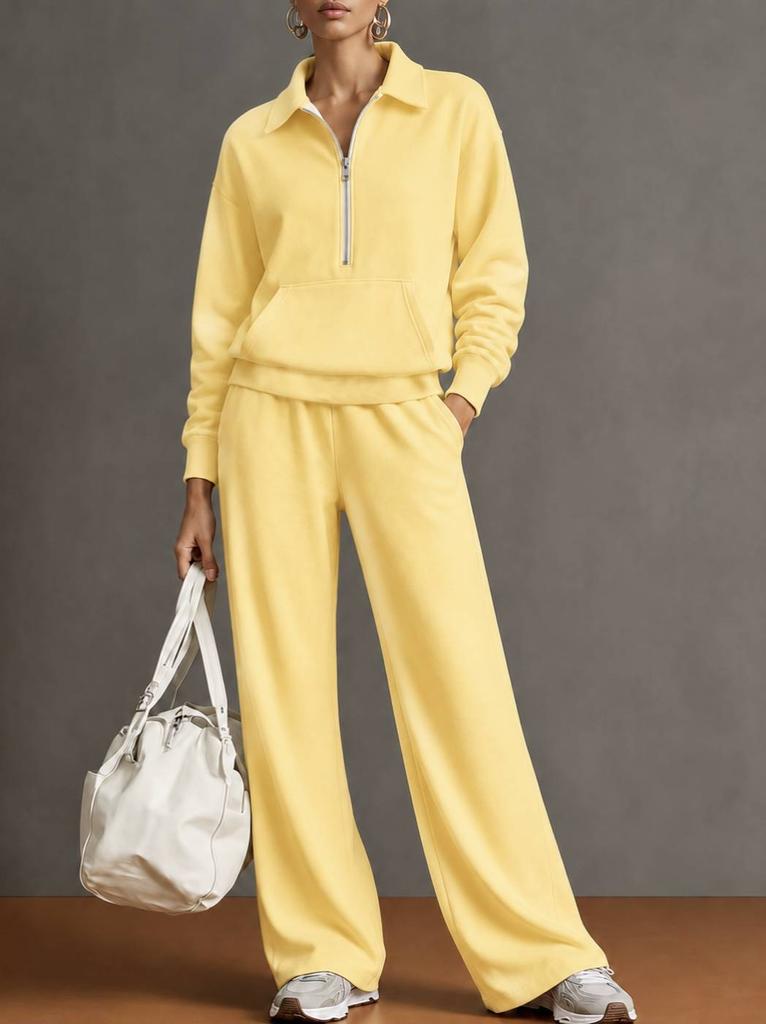 Conjunto de chándal de 2 piezas para mujer, sudadera con media cremallera y cuello, pantalones de pierna ancha, conjunto informal holgado para otoño e invierno