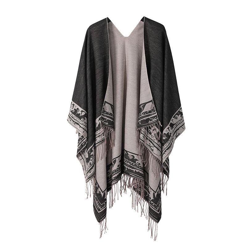 Women's European & American Double-Sided Solid Color Cape Shawl with Striped Edge