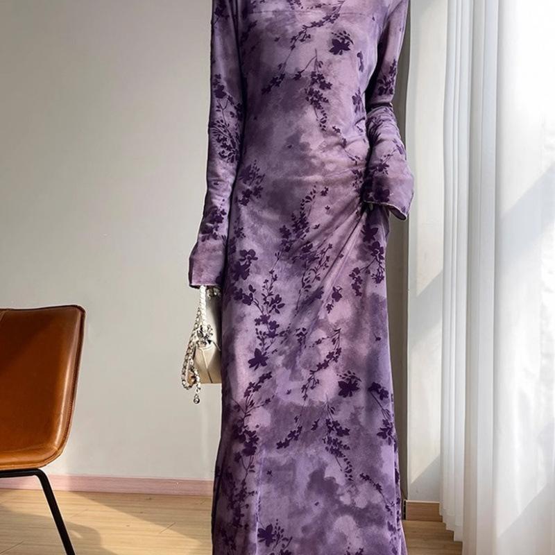 Hongkong-Stil Retro Netzdruck Langes Kleid Schmale Passform Reine Begierde Dreidimensionaler Jacquard Retro Taille Fischschwanzrock