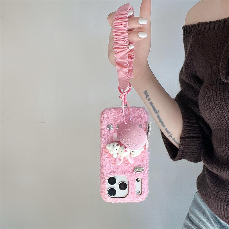 Lambswool Plush Bear and Rabbit Head Case for iPhone 17/16 Pro Max/15/14