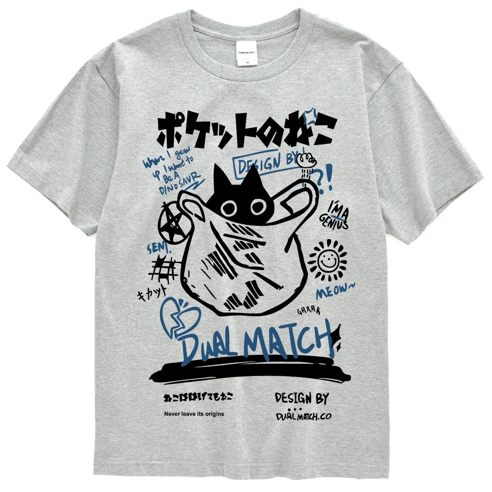 Men Women T Shirt Hip Hop Streetwear Japanese Kanji Harajuku Funny Cat T-Shirt Summer Short Sleeve Top Tees Cotton Couple Tshirt