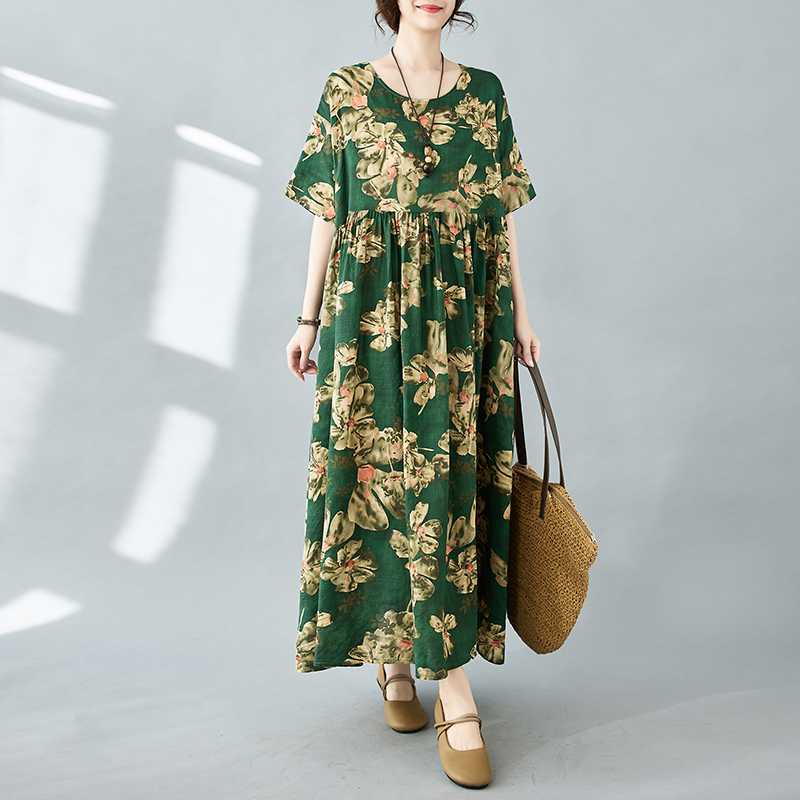 Simple Bohemian Print Dress Short Sleeve Round Neck Summer New Style Elegant Feel Long Dresses Women's Clothing