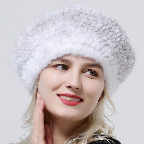 Woman Winter Berets Hat Knitted Natural Mink Fur Warm Genuine Fur Hats Female Headwear
