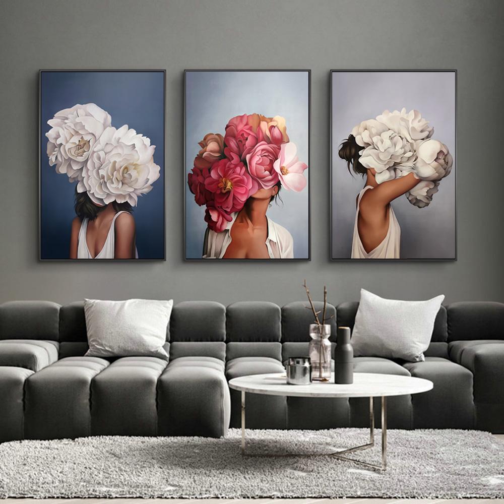 Nordic Flowers Head Woman Canvas Paintings On the Wall Art Posters And Prints Feather Girls Wall Pictures Home Decoration