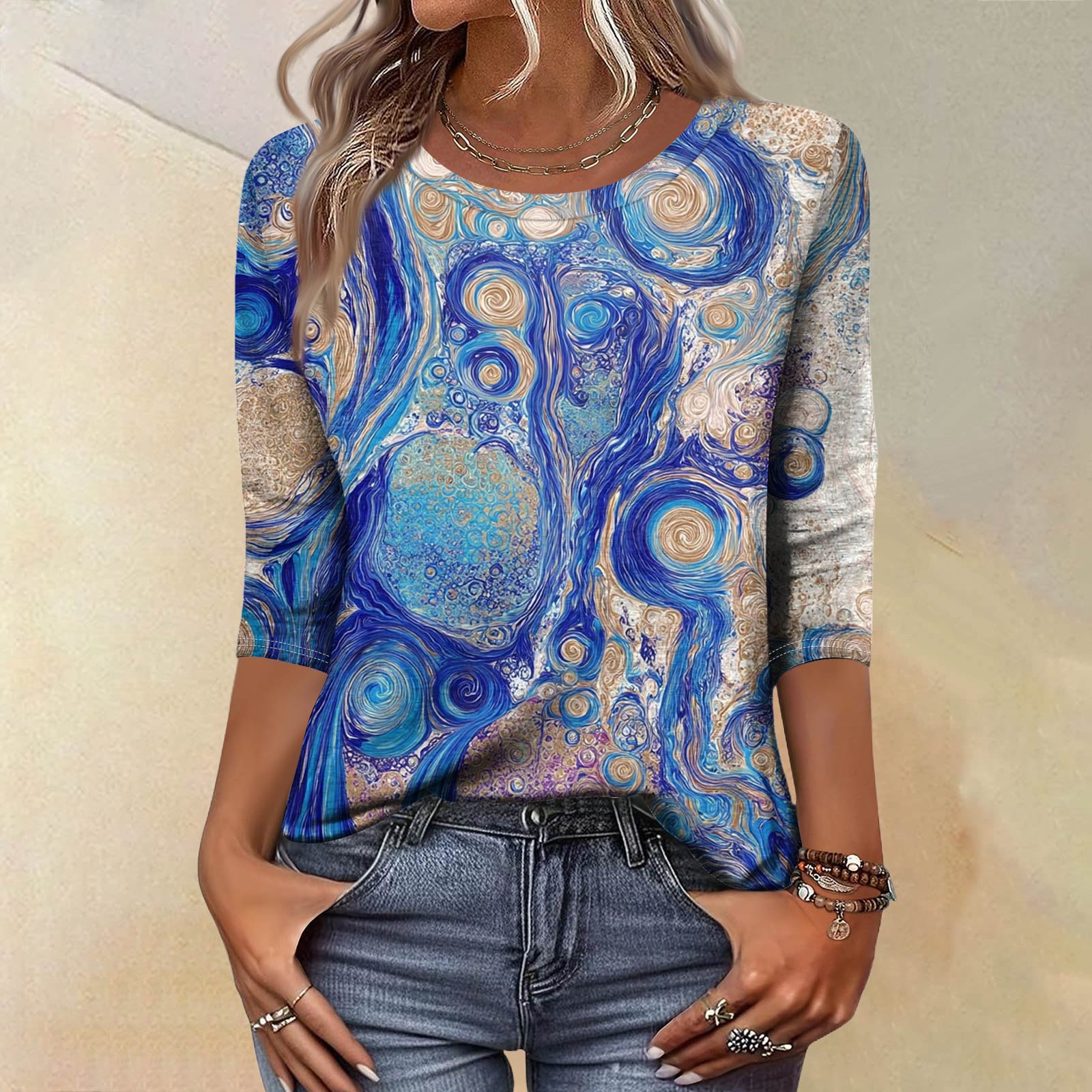 

Модный винтажный топ с рукавом три четверти для женщин, женская повседневная блузка-футболка с круглым вырезом и принтом XXXL синий