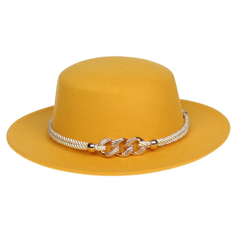 Women's Wool Felt Flat Top Fedora Hat - French Autumn/Winter Retro Style with Chain