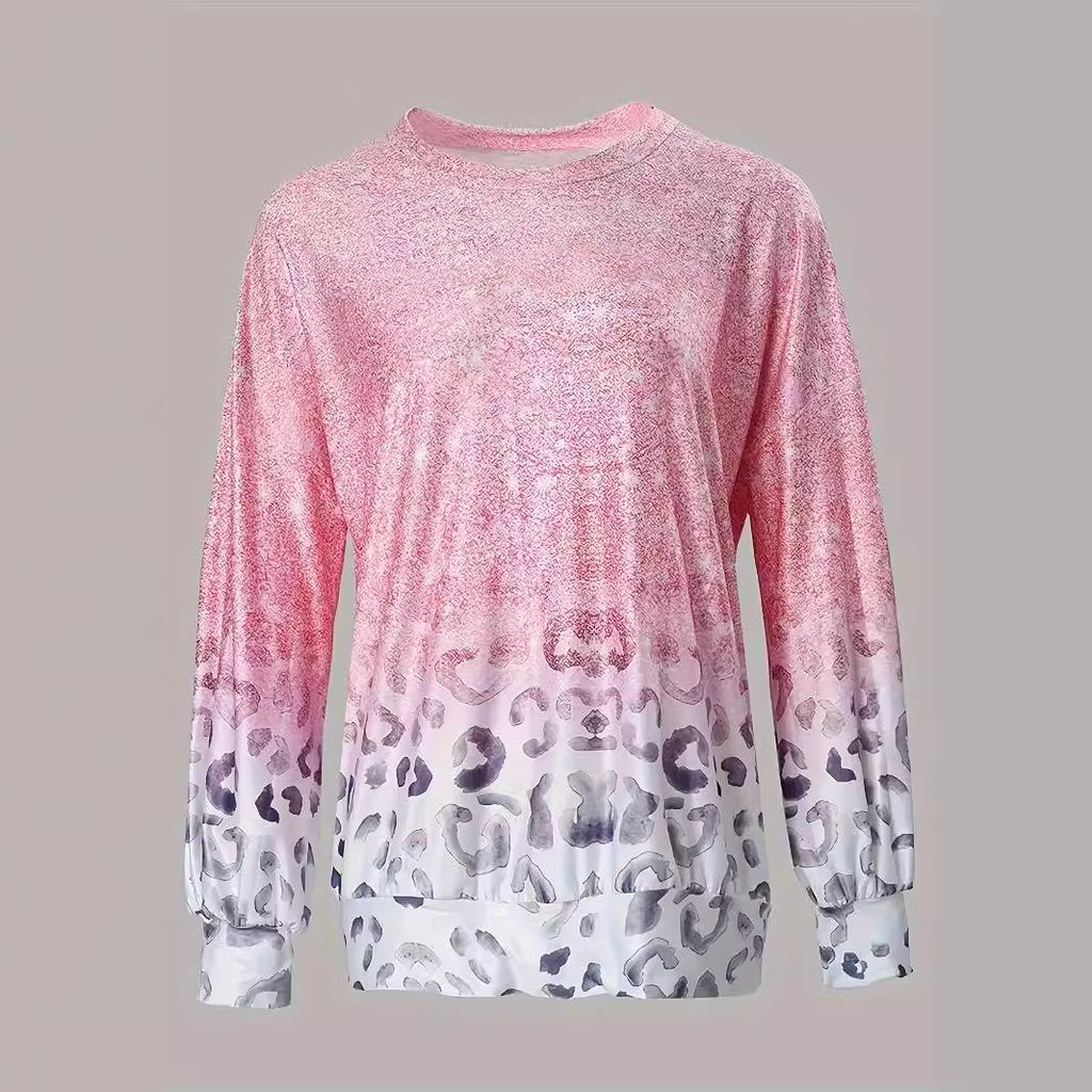 European and American large-size women's clothing spring and autumn leopard print t-shirt loose top