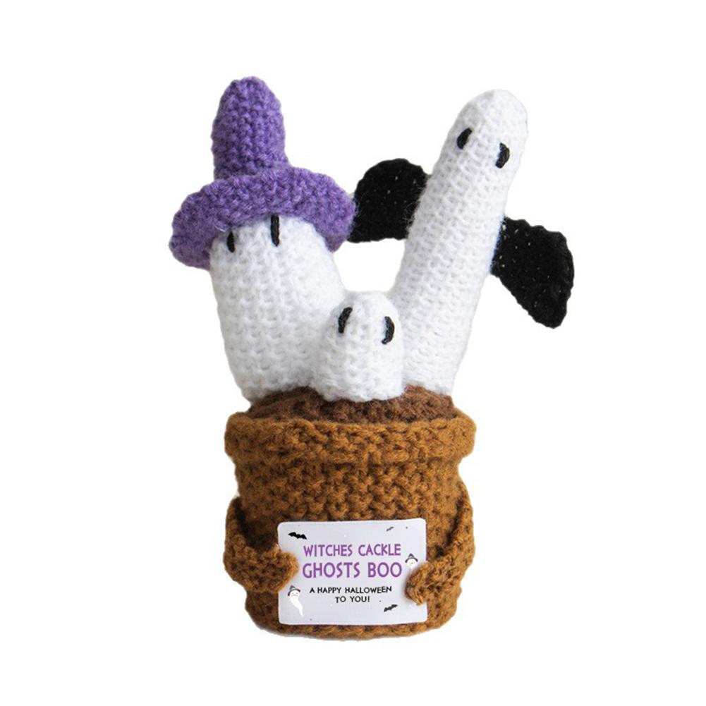 Halloween Knitted Wool Ornaments with Card Crochet Potted Card Doll Handwoven Dolls Figurines for Desktop Home Decoration