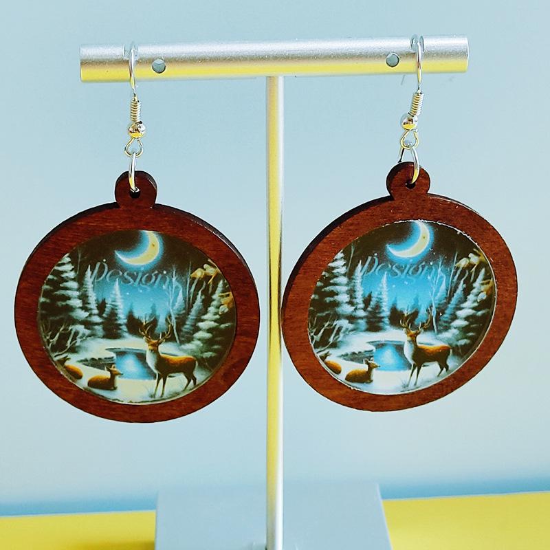 

European and American Retro Double-Sided Christmas Round Earrings with Wooden Inlaid Acrylic