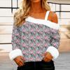 Women's Off-the-shoulder Plush Neck Printed Long-sleeved Pullover T-shirt Top