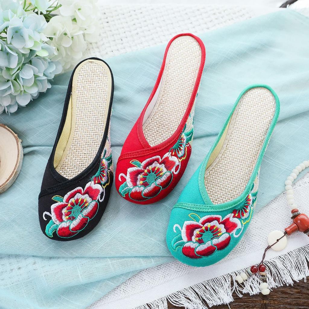 Тапочки, летние, цветные, вышитые, повседневные, прогулочные, вышитые, тканевые, женские, классные тапочки из ткани