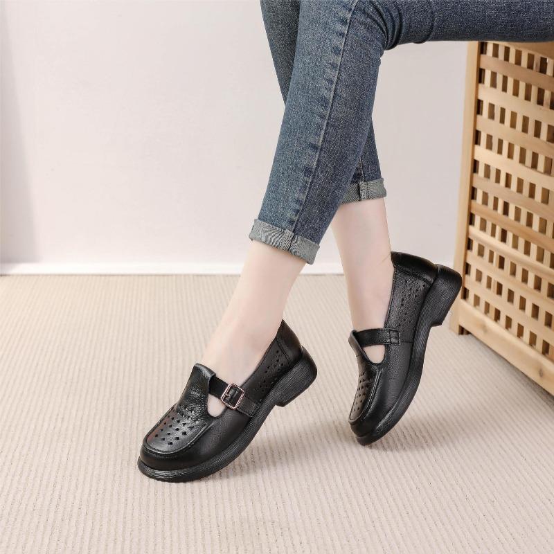 2026 Summer Genuine Leather Shoes Women Sandals Flat Holiday Fashion Brand Ladies Sandals Breathable Holes Black Green Plus Size 41