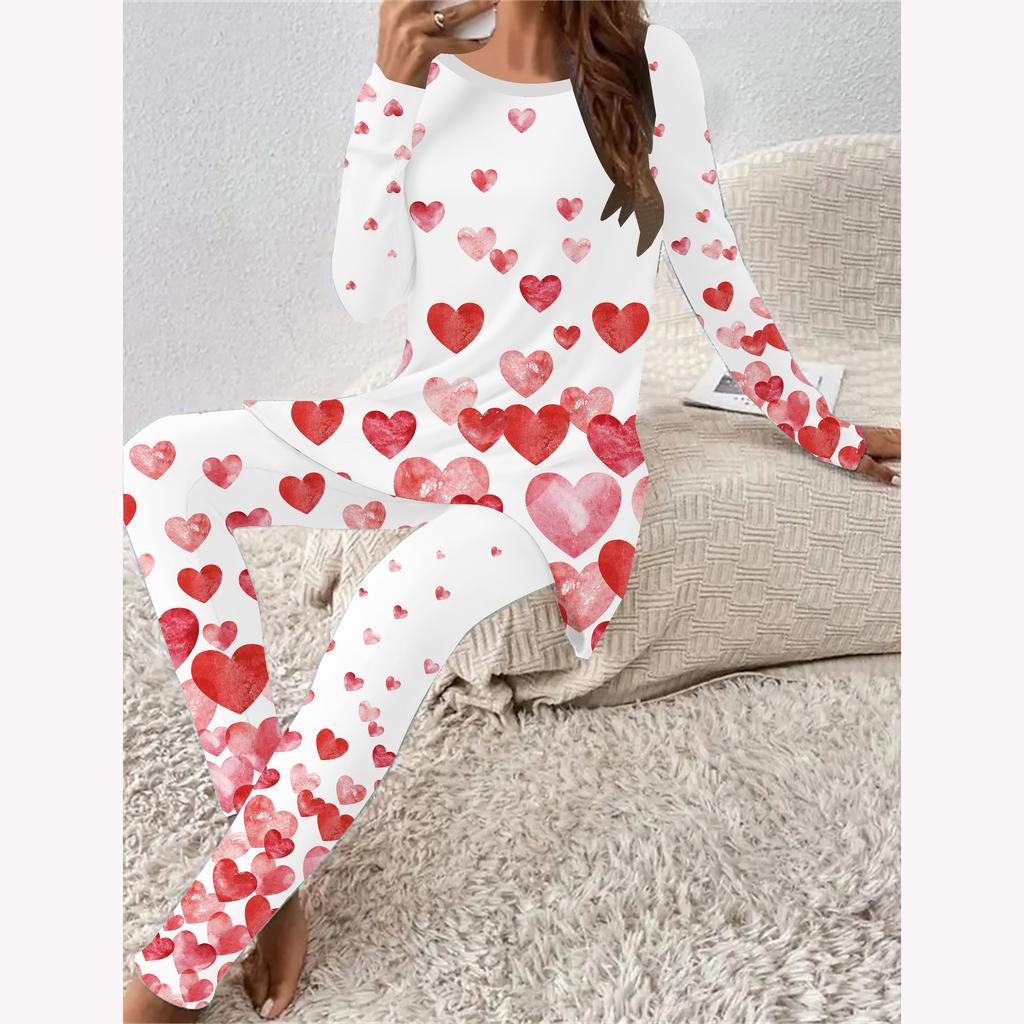 Moda Euroamerykańska Wzór 3D Love Nadruk Damski Czterosezonowy T-shirt z Długim Rękawem + Długie Spodnie Zestaw Dwuczęściowy. Idealny prezent na Walentynki