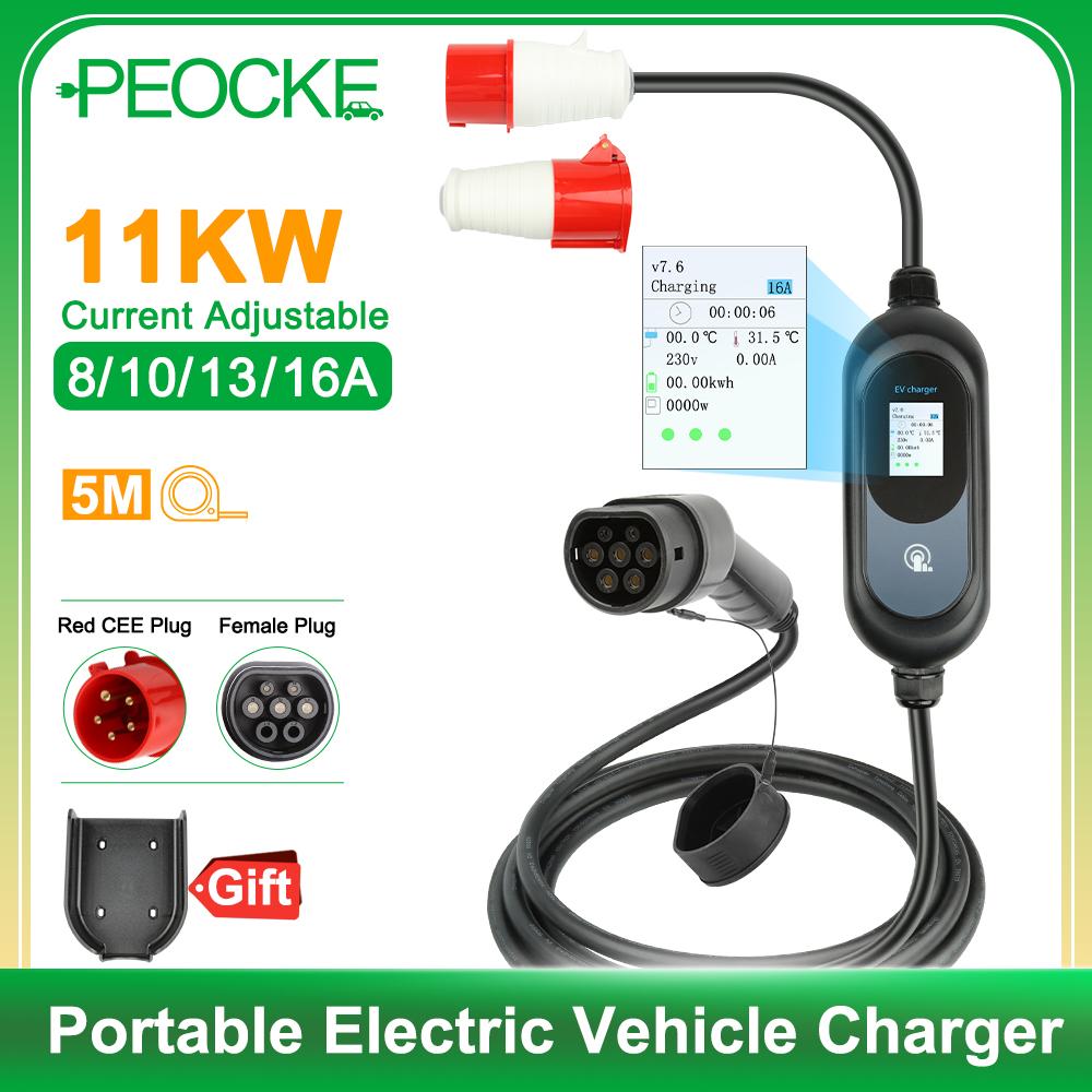 

Зарядное устройство Peocke EV портативное 11 кВт 16 А кабель быстрой зарядки Type-2 IEC62196-2 EVSE Wallbox адаптер 3 фазы 22 кВт 32 А красная вилка CEE Type-2 IEC62196-2