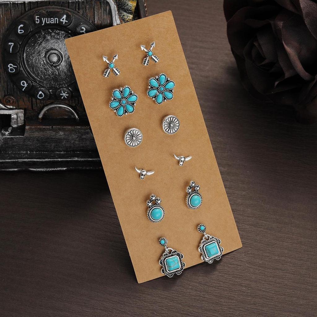 Retro Ethnic Turquoise Flower Cowboy Hat & Cactus Earrings Set – Ideal for Commuting