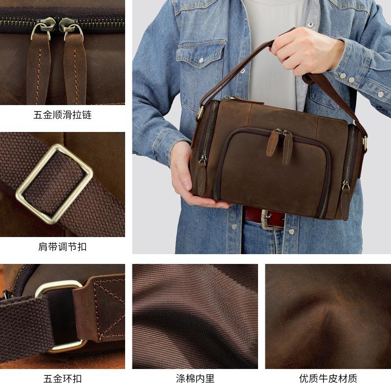 New horizontal cylindrical men's bag large capacity fashionable retro shoulder oblique span bag genuine leather men's bag