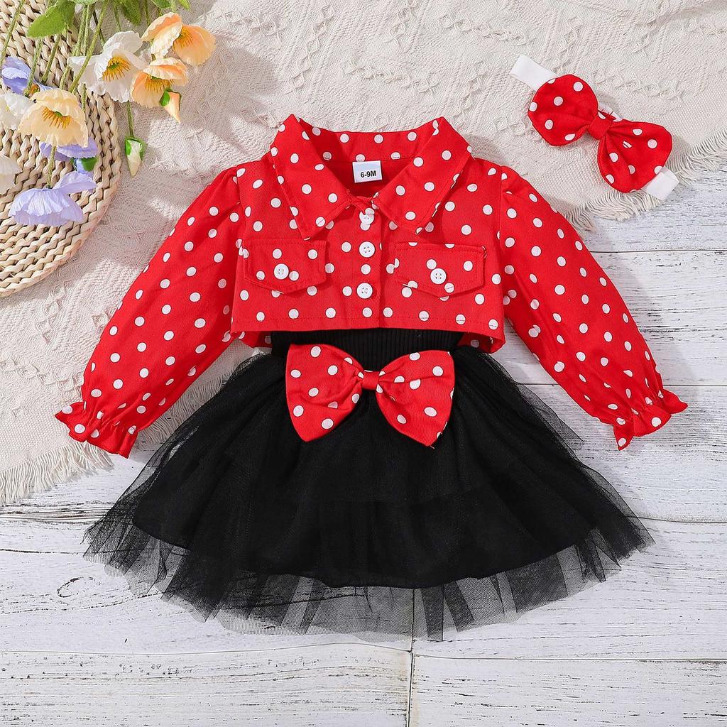 Girls' Toddler Strap Mesh Dress+Polka Dot Lapel Coat Set