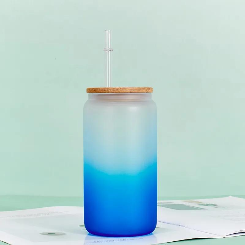 Gradient Color Water Bottle with Straw Juice Glasses with Wooden Lid Beer Wine  Milk Mocha Bubble Tea Cup Ice Cola Glass Cup