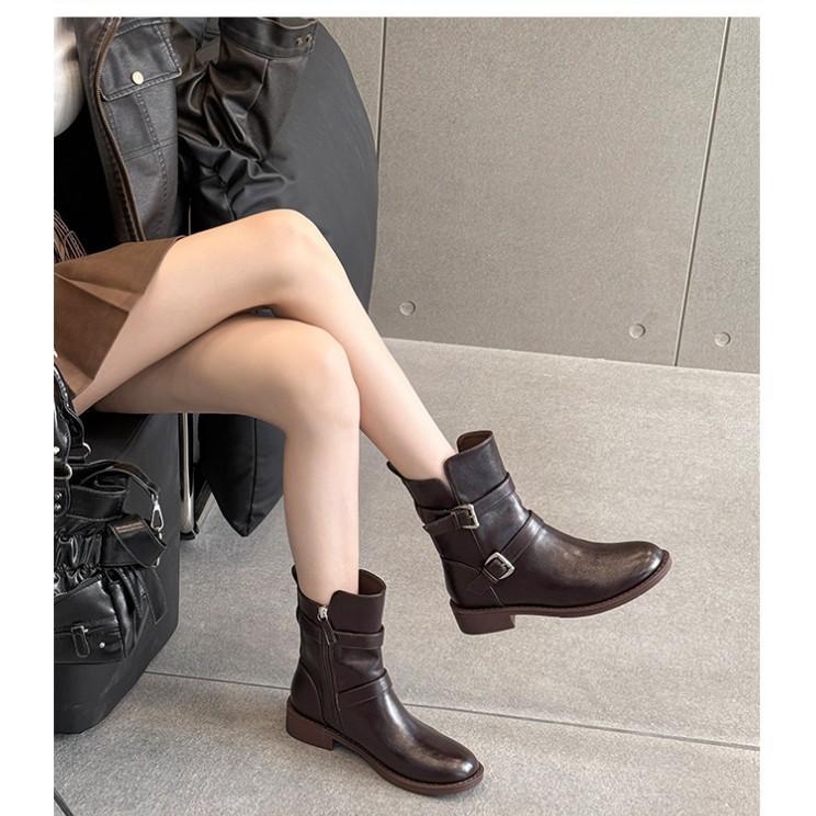 French retro pointed versatile side zipper short boots 2025 autumn and winter belt buckle versatile thin thick-soled locomotive boots
