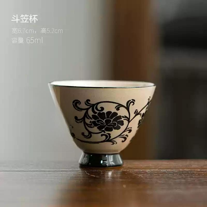 Min Kiln Carved Tasting Tea Cup Retro Style Small Tea Cup Kiln Green Gray Glaze Ceramic Household Chinese Kung Fu Tea Set